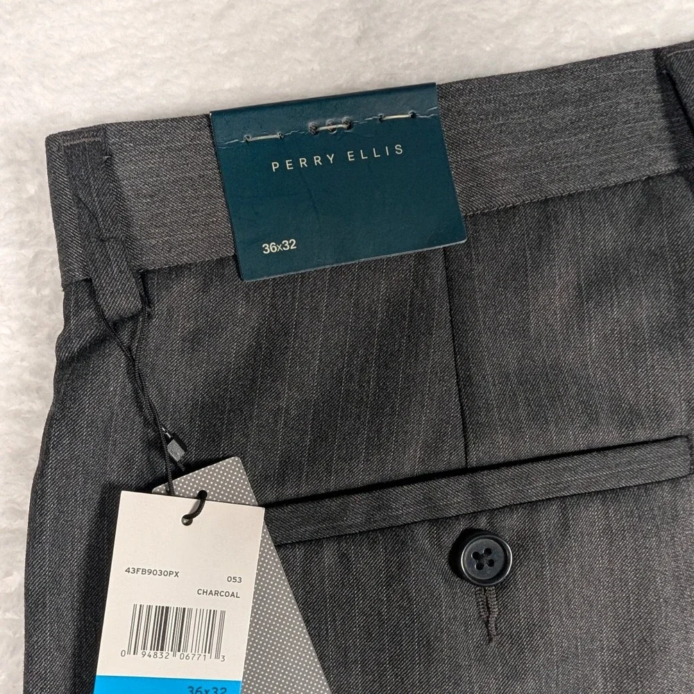 Perry Ellis Dress Pants Men 36x32 Charcoal Grey Heathered Flat Front Trousers - Picture 9 of 10